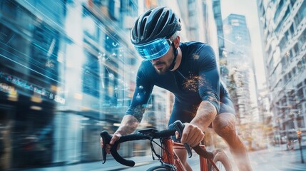 Cyclist wearing an augmented reality helmet displaying route info and performance metrics, riding through a cityscape, merging cycling with cutting-edge technology.