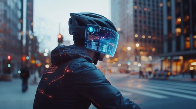 Cyclist wearing an augmented reality helmet displaying route info and performance metrics, riding through a cityscape, merging cycling with cutting-edge technology. - Powered by Adobe