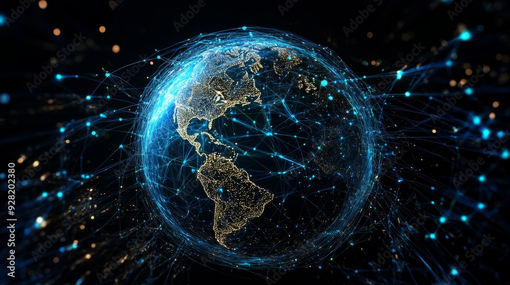 Wall mural Global Network with glowing blue lines and connections on a dark background.