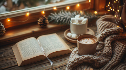 a book on a wooden table with a wool blanket and a cup of warm cocoa with marshmallows