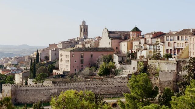 View of province of Cervera, ancient European city located on hilly area in Segarra area. Dense urban development