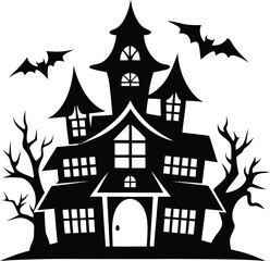 hallowen haunted house silhouette illustration black and white