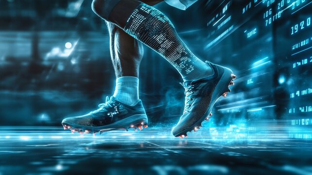 American football player wearing smart cleats with embedded sensors tracking sprint speed and agility, with performance data displayed on a digital monitor. - Powered by Adobe