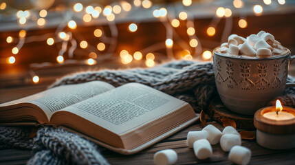 a book on a wooden table with a wool blanket and a cup of warm cocoa with marshmallows