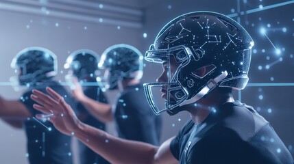 American football team practicing with smart helmets that monitor impact and head movement, with data analyzed on a digital interface by coaches.