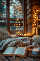 a book on a wooden table with a wool blanket and a cup of warm cocoa with marshmallows
