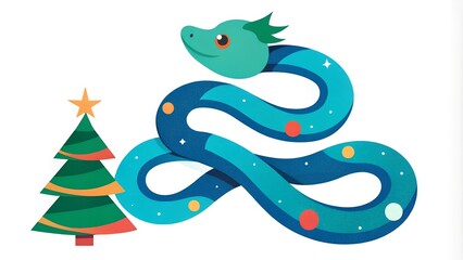 Fototapeta premium A colorful illustration of a cheerful snake beside a beautifully decorated Christmas tree