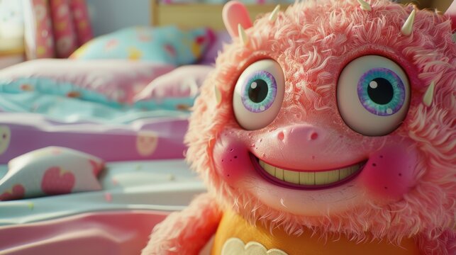 cute 3D character with its large, joyful eyes is set in a vibrant children's room, sitting on a bright bed. This inviting and cheerful scene is perfect for various children's media.