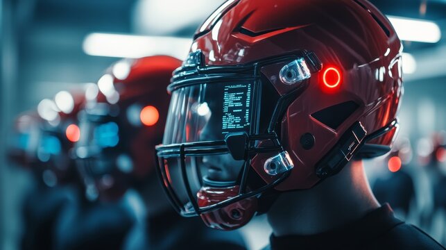 American football team practicing with smart helmets that monitor impact and head movement, with data analyzed on a digital interface by coaches.