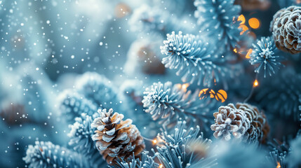 Obraz premium Christmas fir branch with frost and christmas decoration