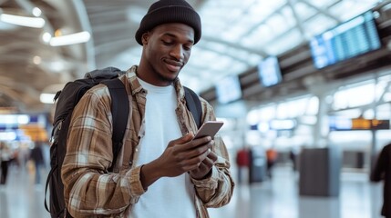 Naklejka premium black man at the airport looking at his phone