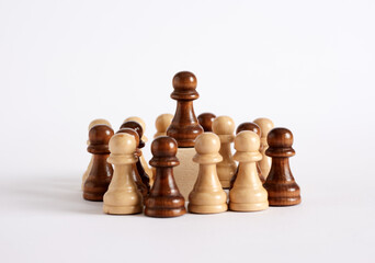 Chess pawn gives a speech to the crowded audience. Public speaking and political speech.