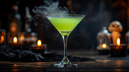 A green glowing halloween cocktail