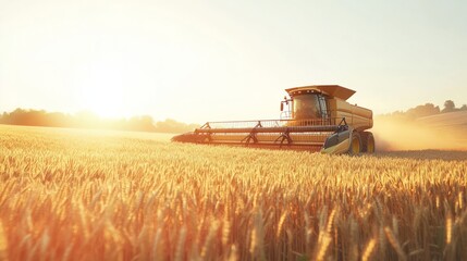 Fototapeta premium Combine harvester tractor on wheat field. Bright sunny positive photo. Agriculture concept. Agro business. Farming. Rural business.