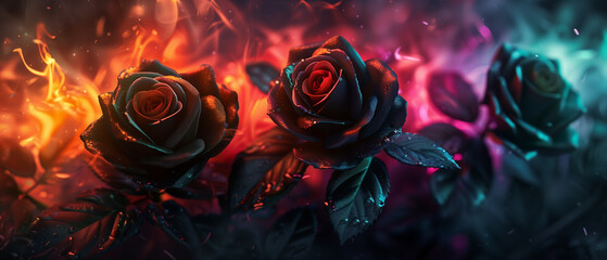 Colorful flames with black roses