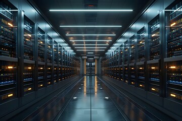 Obraz premium A mechanical, sci-fi scene with a long row of dark servers equipped with LED lights.