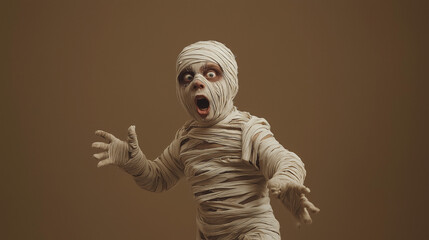 a kid in mummy costume trying to scare, halloween funny concept wallpaper with copy space