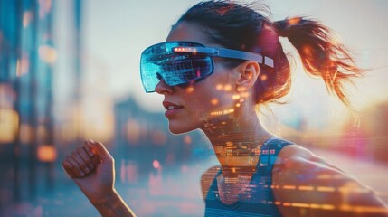 Runner training with augmented reality glasses, overlaying real-time metrics and virtual competitors on their route, merging fitness with immersive tech.