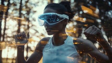 Runner training with augmented reality glasses, overlaying real-time metrics and virtual competitors on their route, merging fitness with immersive tech.