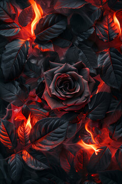 Dark black roses with smoke and flames