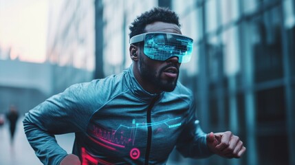 Runner training with augmented reality glasses, overlaying real-time metrics and virtual competitors on their route, merging fitness with immersive tech.