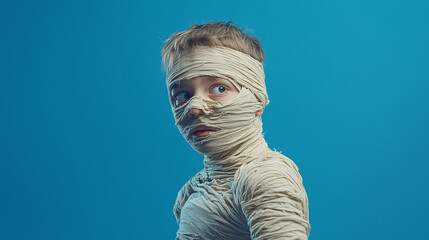 a kid in mummy costume trying to scare, halloween funny concept wallpaper with copy space