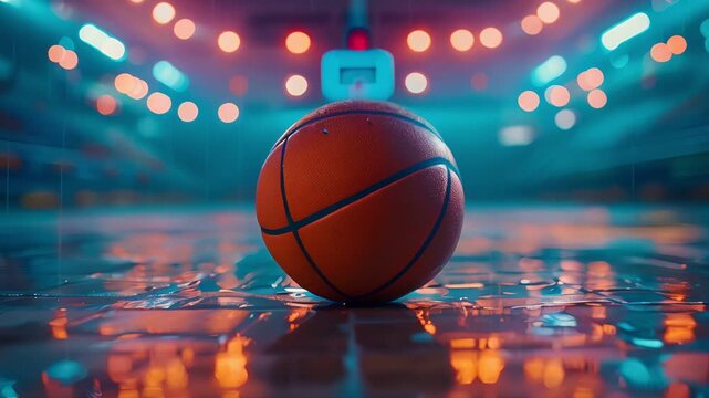 A basketball on a polished court under bright arena lights, ready for a game to begin.
