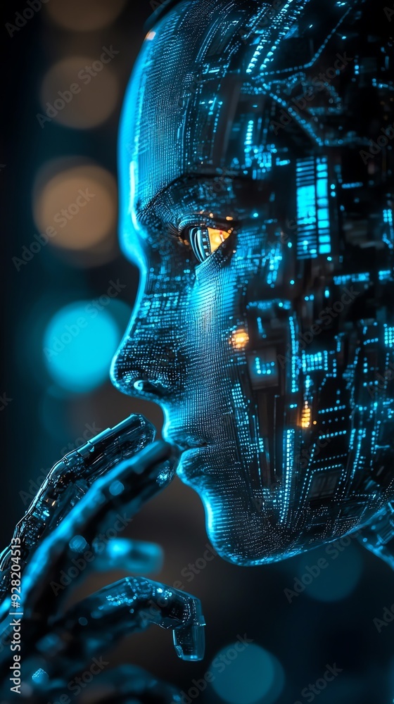 Poster futuristic robot thinking.