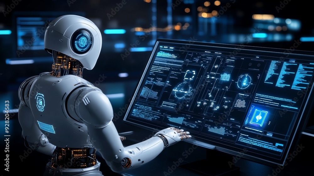 Aufkleber Futuristic Robot Using Computer.