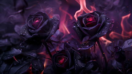 Black and purple roses with purple fire in the background