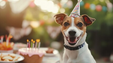 Smiling happy labrador in a festive hat on a birthday party with balloons and cake.  Dog birthday. Children's party concept.