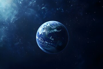 Naklejka premium A beautiful blue star, Earth, with clouds, oceans, and continents visible in the dark and vast universe seen from space.