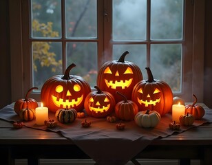 Obraz premium A table with carved jack-o'-lanterns on it and one with the other with the other half of it