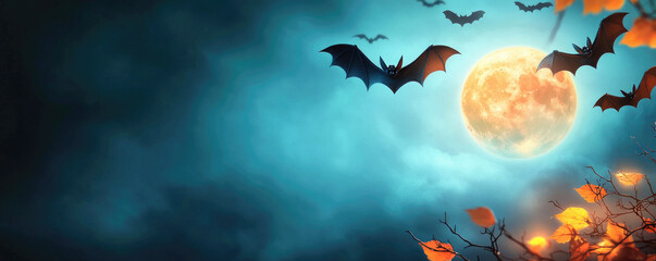Capture the essence of Halloween night with a spooky moon and bats flying through a cloudy sky, perfect for seasonal designs and creative projects.