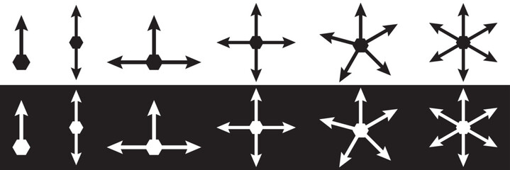 Arrow multiple direction icons. Vector one. two, three,  four, five and six way arrows or option signs for infographic chart or presentation pointers. Vector illustration. EPS 10