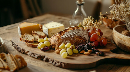 Cheese tray with nuts and fruits, snack for wine, holiday.