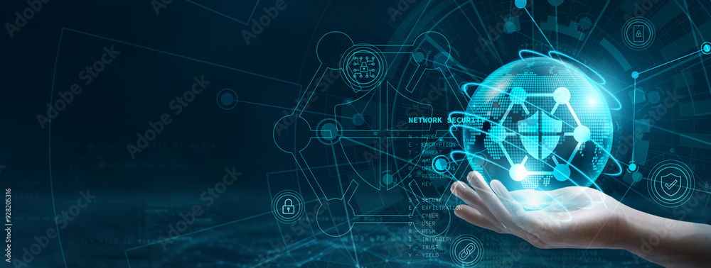 Poster network security. hand holding network security globe with network connecting data. integration of d