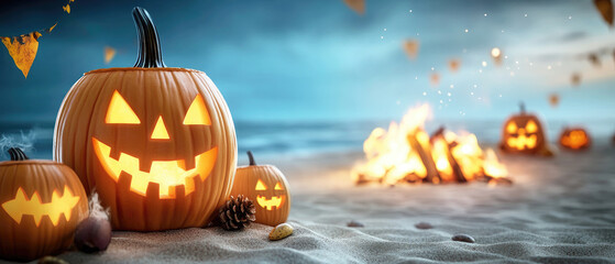 Experience a unique Halloween night on the beach with glowing jack o' lanterns and warm bonfires, creating a festive tropical atmosphere.