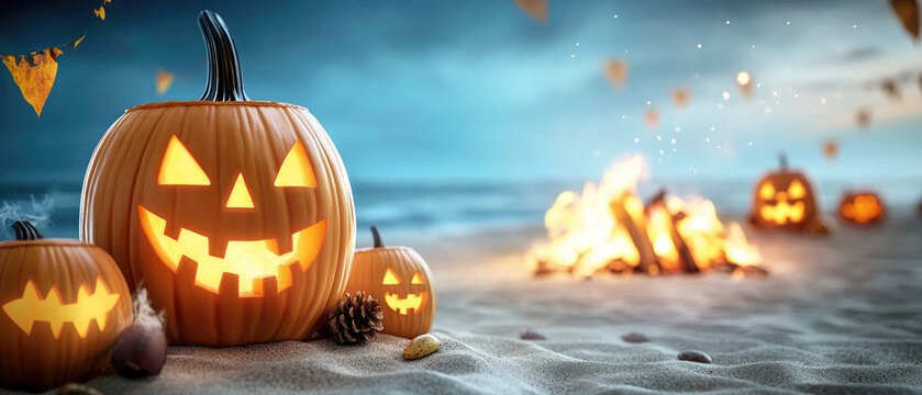 Experience a unique Halloween night on the beach with glowing jack o' lanterns and warm bonfires, creating a festive tropical atmosphere.