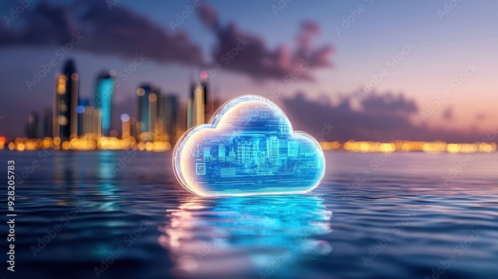 Wall mural a glowing cloud symbol reflects on water, symbolizing digital technology and cloud computing amidst 