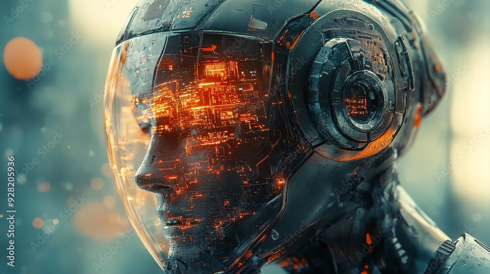 Aufkleber futuristic robot with glowing circuitry inside helmet.