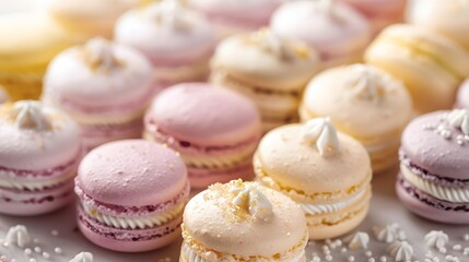 Fototapeta premium Elegant display of pastel-colored macarons, perfect for culinary designs