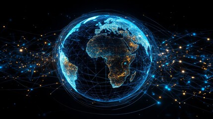 Obraz premium 3D digital rendering of a glowing earth with connection lines representing global network and communication.