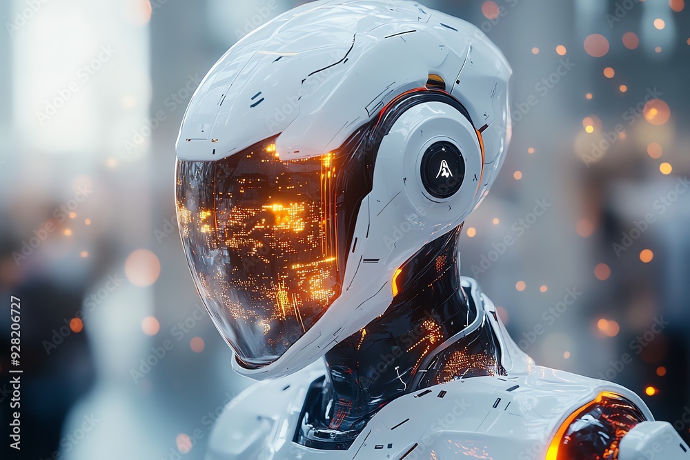 Poster futuristic robot with glowing head.