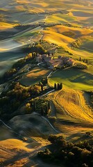 A picturesque aerial view of a rural Italian landscape, featuring rolling hills, farmland, a stone farmhouse, and winding pathways.