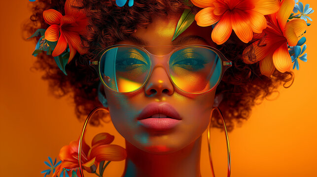 Modern pop art portrait of beautiful woman in golden sunglasses on bright orange background. Contemporary drawing painting poster of stylish fashion people in vintage retro style