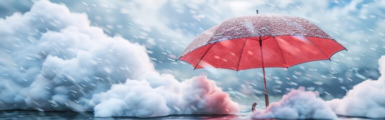 Red umbrella standing in a snowy landscape, surrounded by fluffy clouds. A symbol of hope and protection in harsh conditions.