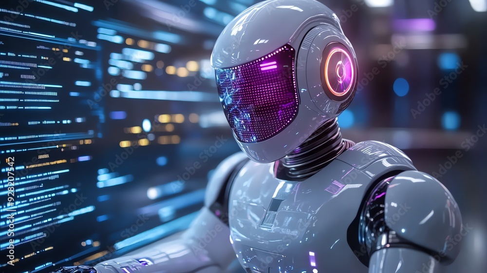 Poster Futuristic Robot Working on a Computer.