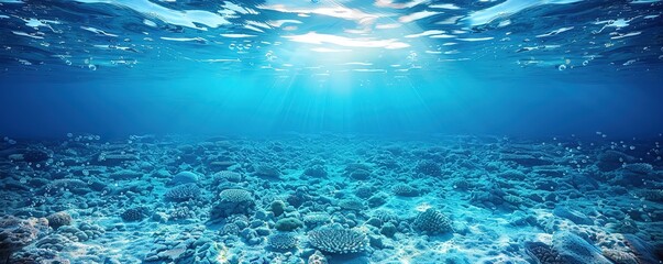 Underwater scene with blue water, rocks, and a beam of sunlight shining through the surface.