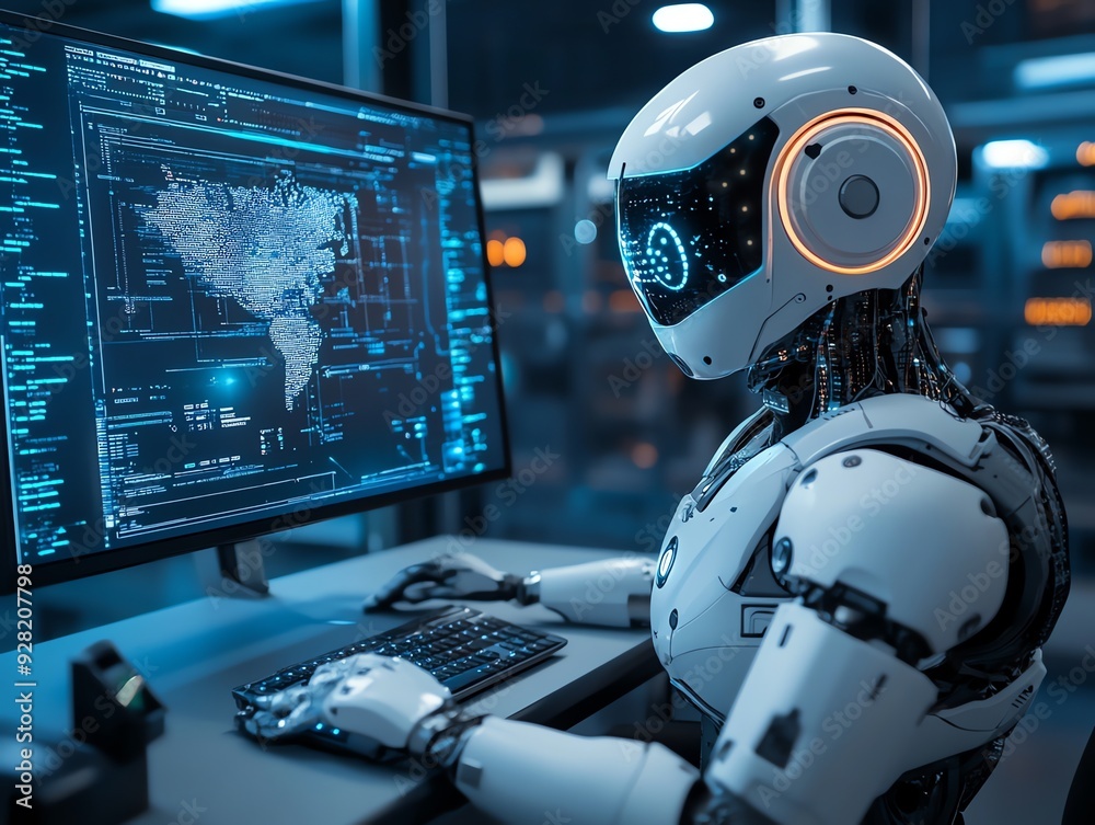 Fototapete Futuristic robot working on a computer with a world map on the screen.